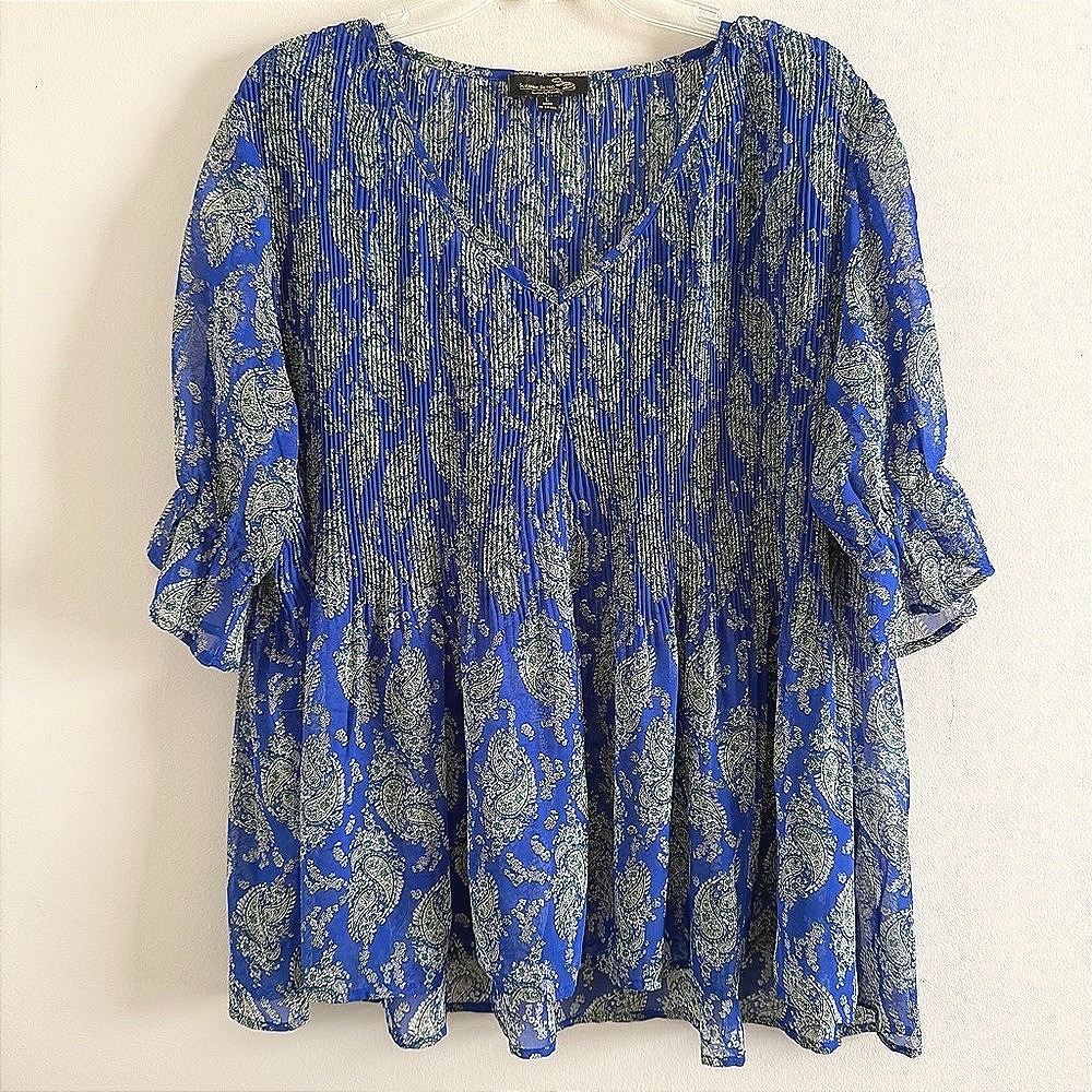 Suzanne Betro Blue Paisley V-Neck Peasant Blouse size Large